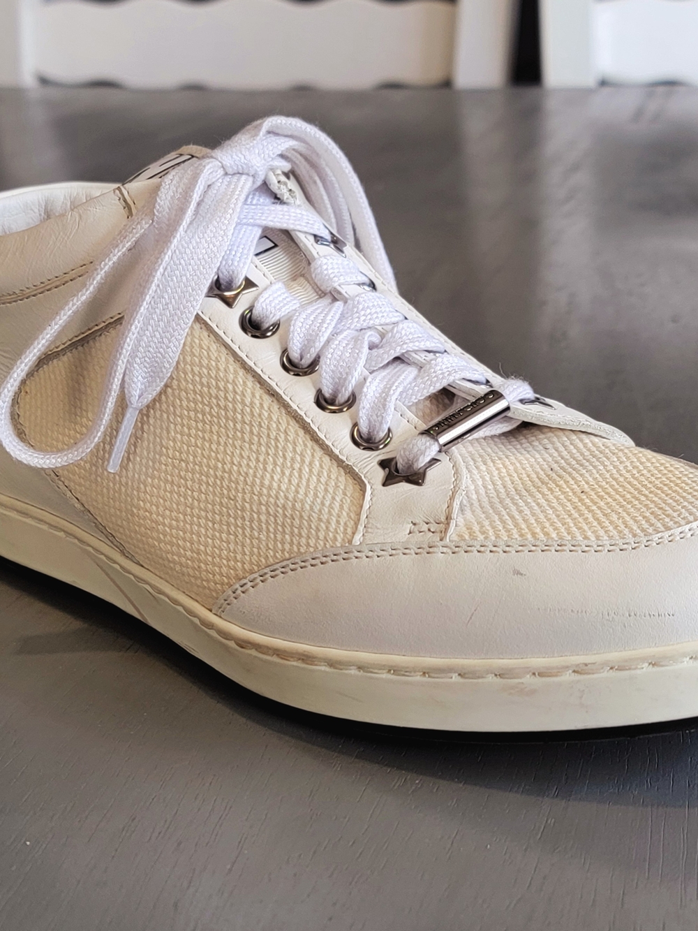 Jimmy Choo Miami White Leather and Canvas Sneakers - Size 38.5 NWOB